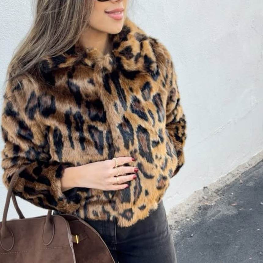 BNWT H&M Fluffy Faux Fur Short Jacket Dark Beige / Leopard