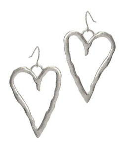 Hammered Heart Dangle Earrings Silver NEW