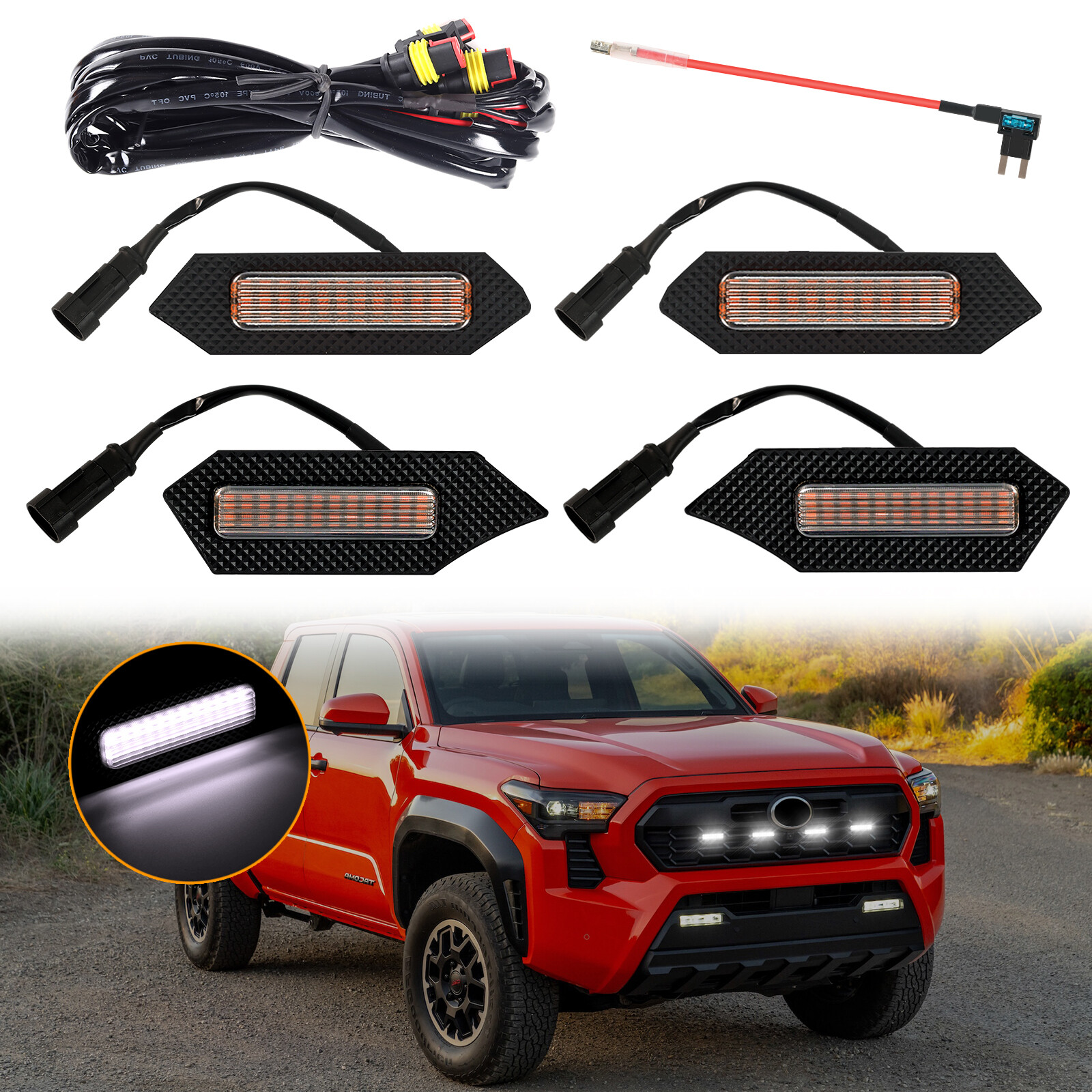 4pc Raptor Style White Grille LED 24 Light DRL For Toyota Tacoma 2024 TRD Sport