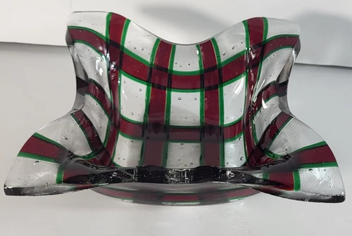 Hand Blown Art Glass Bon-Bon Bowl Bubbles Red Green Stripes Vintage Christmas