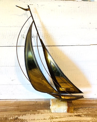 Vintage Mid Century Brass Sailboat Sculpture on Stone Base 15.25" Signed