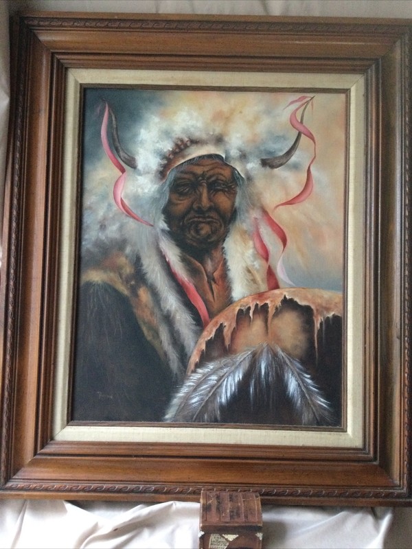 VINTAGE 1960s Artist Signed Painting Native American  Oil Portrait 24”Framed