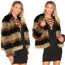 New Revolve Tularosa Multi 70s Stripe Harkin Faux Fur Vegan Jacket Coat Large