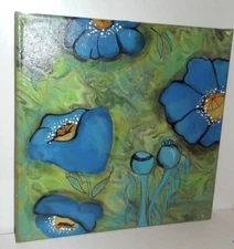 KIM SAUL Blue Poppies acrylic painting 12x12" B143