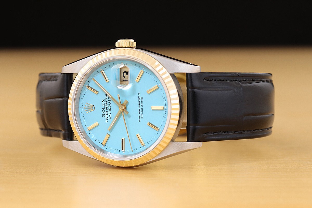 ROLEX MENS DATEJUST 16233 AQUA BLUE 18K GOLD STEEL WATCH w/ BLACK