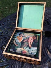 Risqué Nudes Daily Life USSR Russia Vintage Box Coaster Wood Straw Art Marquetry