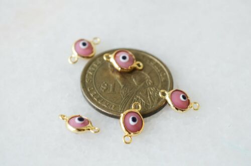 Set Of 10 Pink Evil Eye Charms, Gold Plated Turkish Evil Eye Beads Connectors - Picture 1 of 5