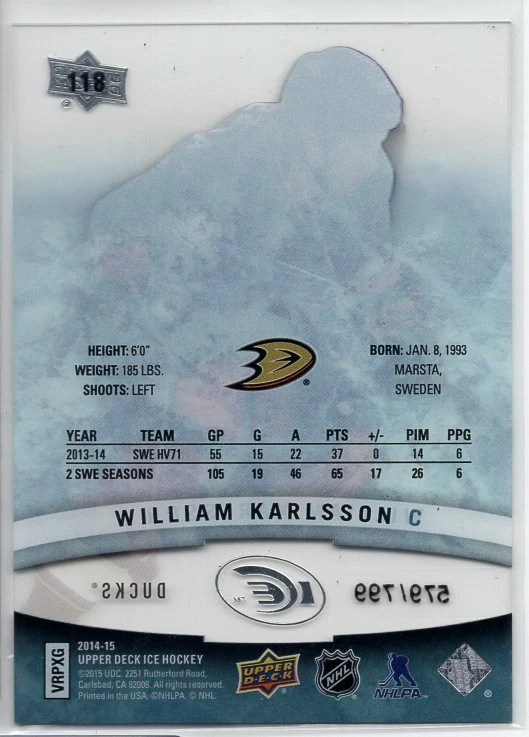 William Karlson Ducks 2015 Upper Deck Premieres 118 579/799 012021ATCD - Image 2 of 2