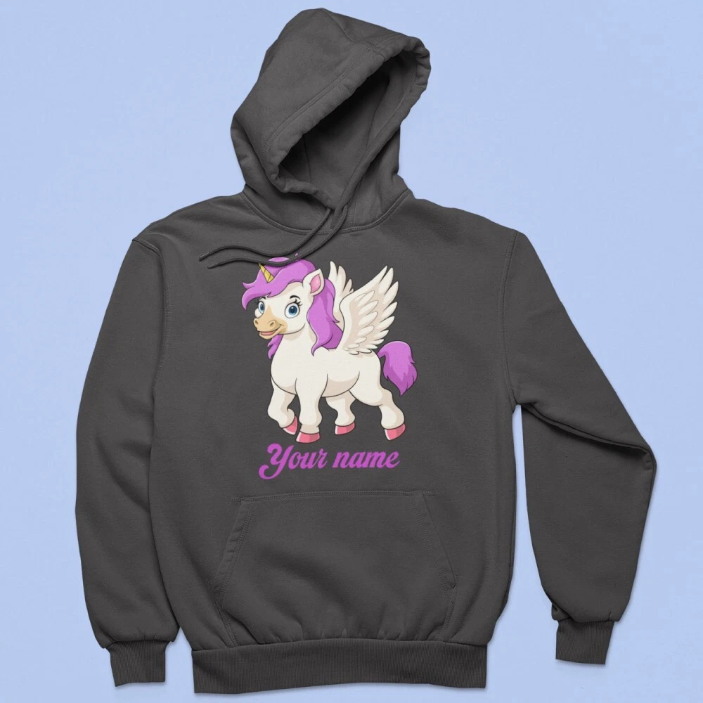 Personalised Custom Printed Your Name Hoodie Cute Unicorn Horn Wings Lovers Gift