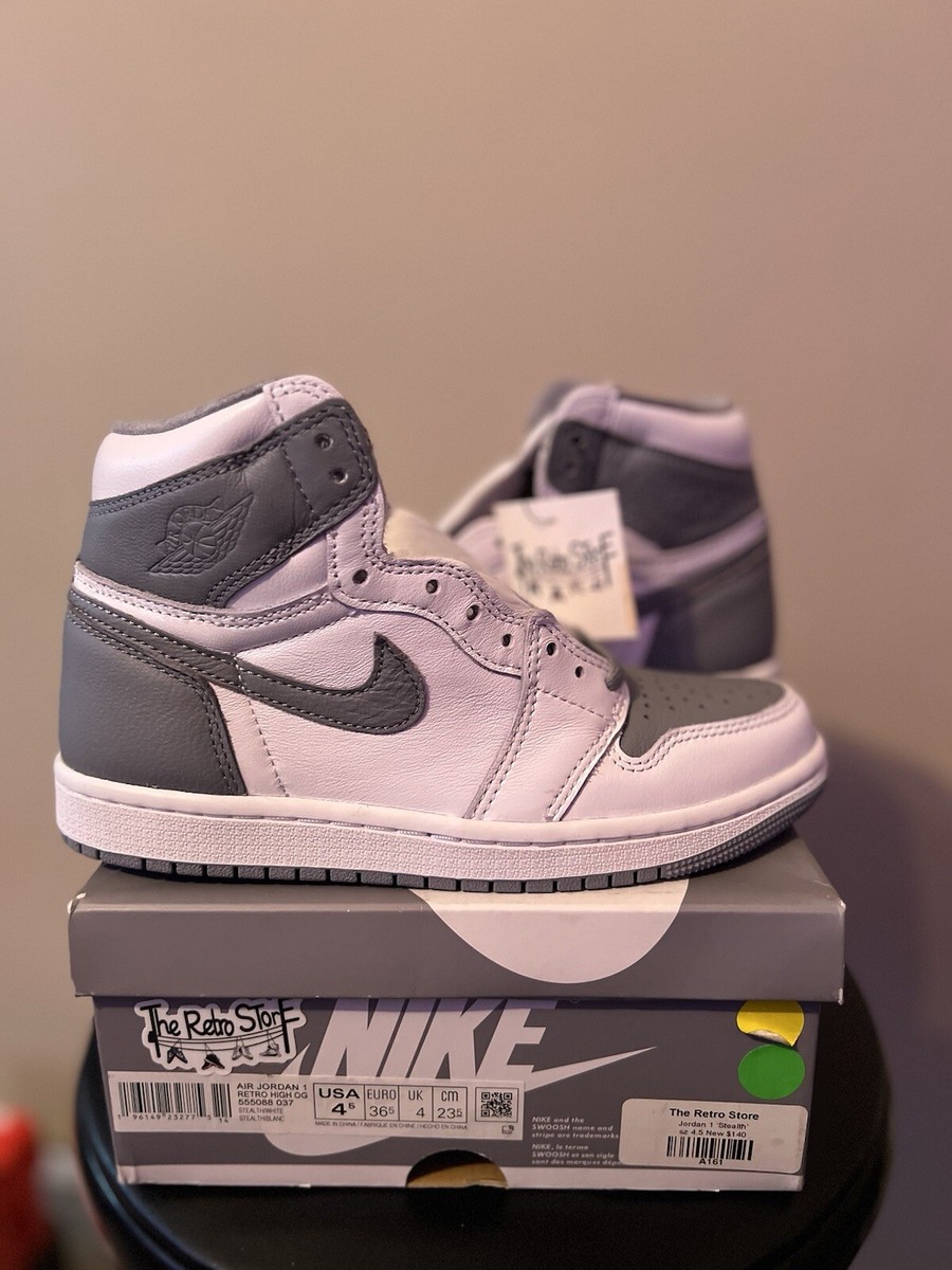 Size 4.5 - Men's Jordan 1 Retro High OG Stealth White Silver