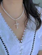Natural Fresh Water Pearl  Baroque Cross Multiple Use Neckalcel Cross Necklace