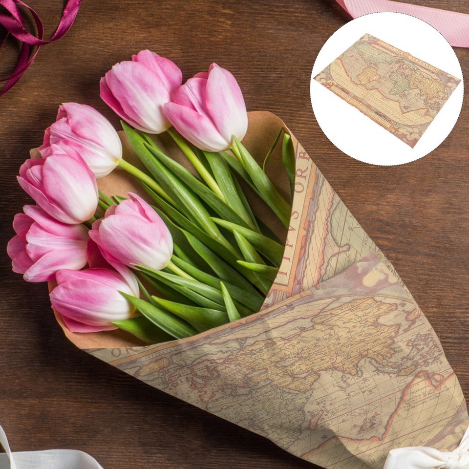 Floral Bouquet Wrapping Paper Vintage Map Durable Multi Color Craft ...
