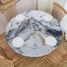 Grey White Gold Marble Round Tablecloth with Elastic Edge Table Cover Waterpr...