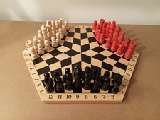 3 Players Chess Set Professor Puzzle Hexagonal Chess Board Complete In Box Wood