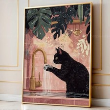 Funny Cat Bathroom Print, Pink Wash Your Paws, Hilarious Black Cat Decor
