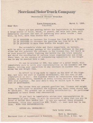 1925 MORELAND MOTOR TRUCK COMPANY LETTER RAISING TRUCKING TAXES LETTER LA CA