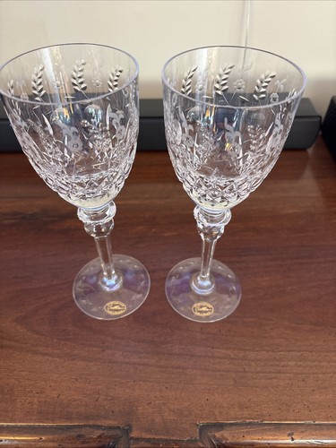 Set Of 2 Rogaska Gallia Crystal Water Wine Goblets Signed Etched Glass 9.75"