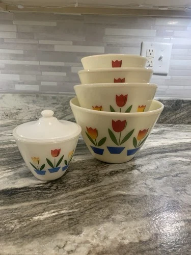 Fire King Oven Ware Tulip Mixing Bowl Set w GREASE JAR Vintage Style Retro