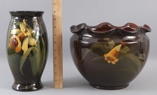 Antique WELLER Art Pottery LOUWELSA Daffodil Pattern Planter Jardiniere & Vase