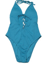 Lucky Brand Womens S Blue Removable Cups Textured Lace-Up One-Piece Swimsuit EUC