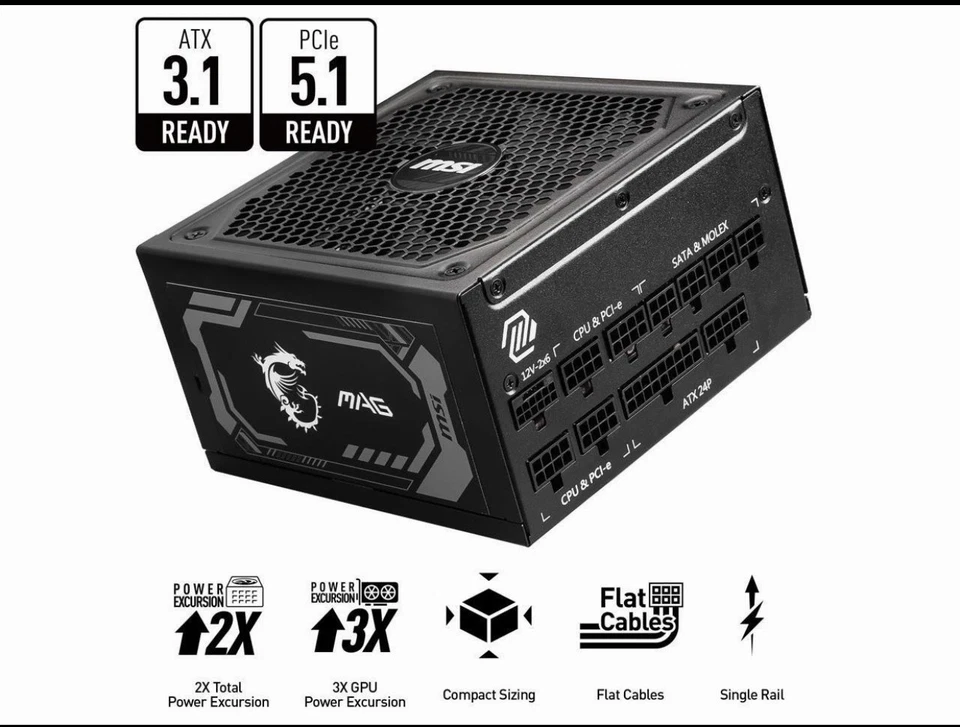 MSI MAG A1000GL PCIE5, Fully Modular Compact Gaming 1000W Power Supply, 80+ - Image 2 of 3