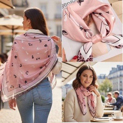 NWT Silk Silky Pink Cat Print Silk Scarf Neck Scarf Accessory Leopard print