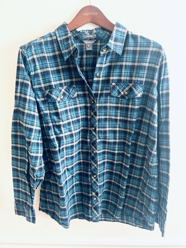 Camisa de franela con botones XL azul gris a cuadros manga larga Eddie Bauer para mujer