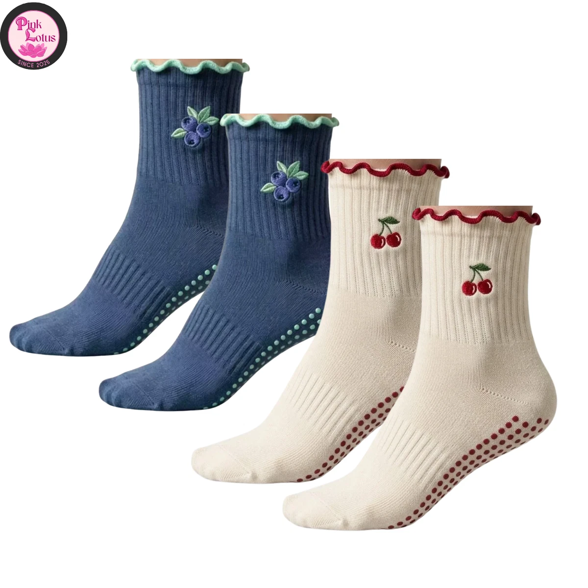 2 pares de lindos calcetines antideslizantes de yoga con barra de pilates | Berry & Cherry