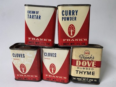 5 vtg Frank s Metal Spice Tin Thyme 2 Cloves Curry Cream Of Tartar Advertising