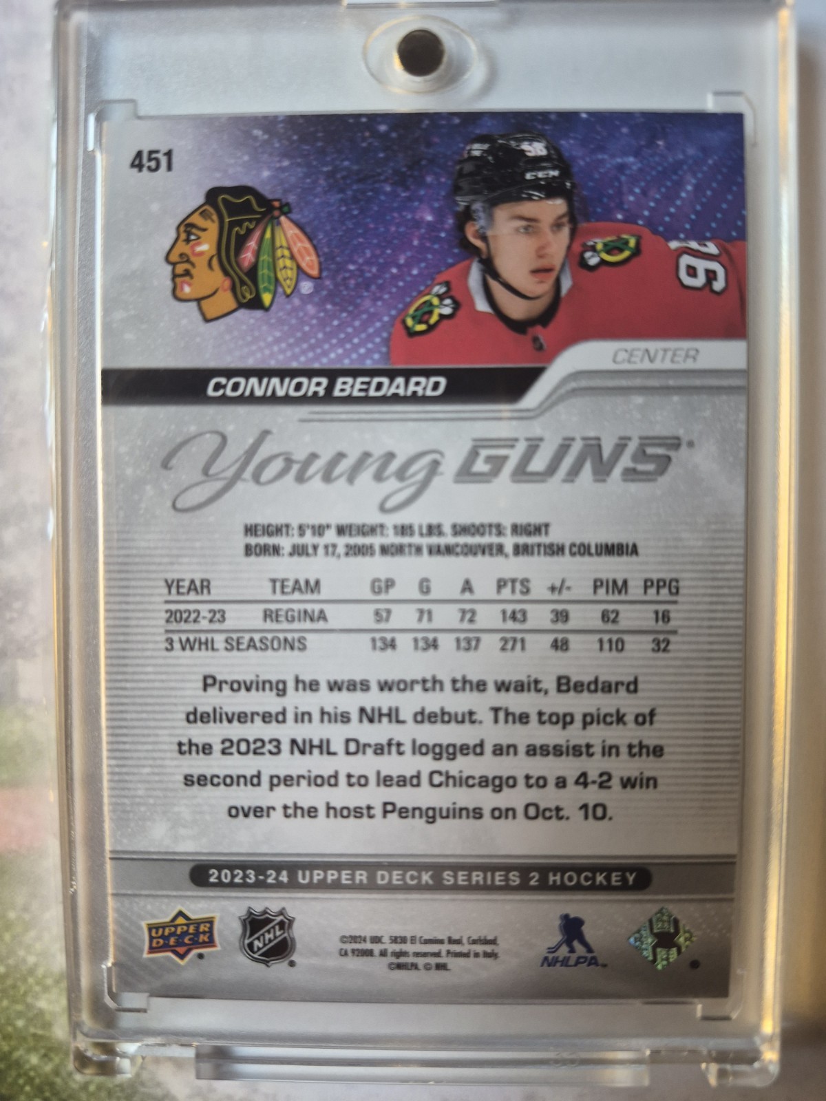 2023-24 Upper Deck Connor Bedard Young Guns Silver Outburst RC #451 Blackhawks view 8