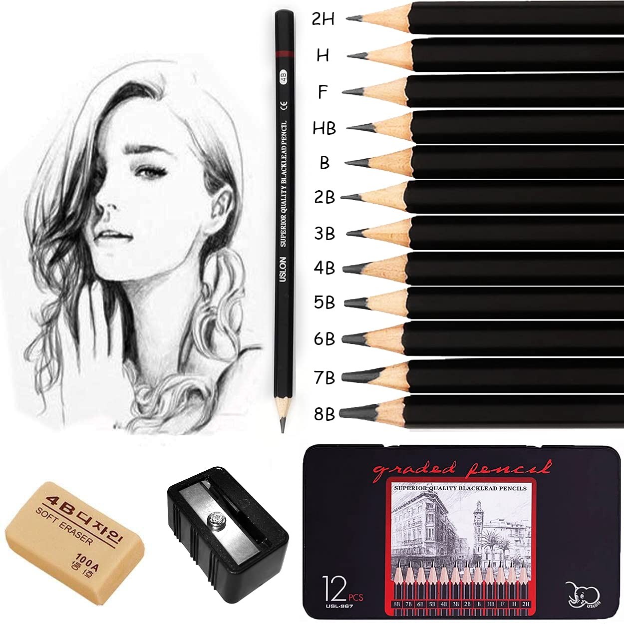 Surcotto Drawing pencils, professional sketching 12 Count (Pack of 1), Black