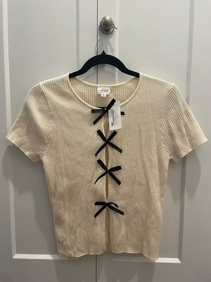 NWT LE LIS Bow Valerie Satin Trimmed Cardigan Cut Out Size M Cream/black