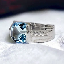 Aquamarine Cushion Cut Gemstone With 925 Sterling Silver Ring For Men's #147