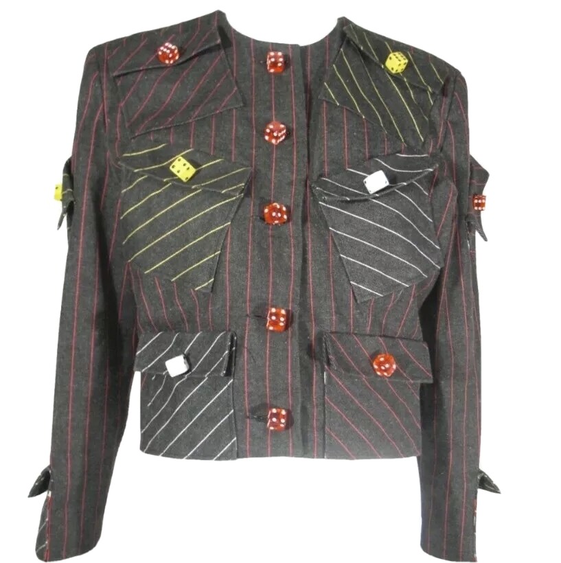 1980's Patrick Kelly High Roller Demin Wool Pinstripe Jacket with Lucite Dice image 3