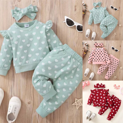 Infant Baby Kid Girls Heart Print Tops Trouser Outfits Tracksuit Clothes Set
