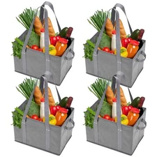 4pk Gray Reusable Grocery Bags Shopping Tote Box Heavy Duty Reinforced