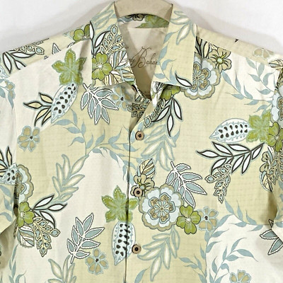 TOMMY BAHAMA Camp Shirt Mens M Medium Ivory with Green Floral 100% Silk