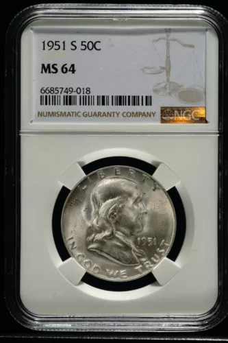 1951-S Silver Franklin Half Dollar NGC MS 64 Looks like FBL! 749