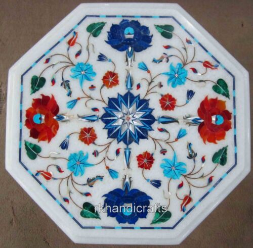 12x12 Inches Garden Side Table Gemstone Inlay Work White Marble Coffee Table Top