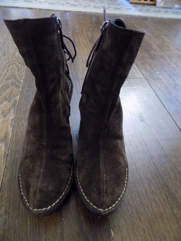 Botas Pons Quintana EU 35 US 5 Marrón Gamuza Cuña 3" Tacón Con cordones Atar Atrás Acento Foto 2 de 4