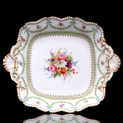 Royal Worcester quadratischer Teller E Phillips handbemalt Blumensträuße B28cm um 1898