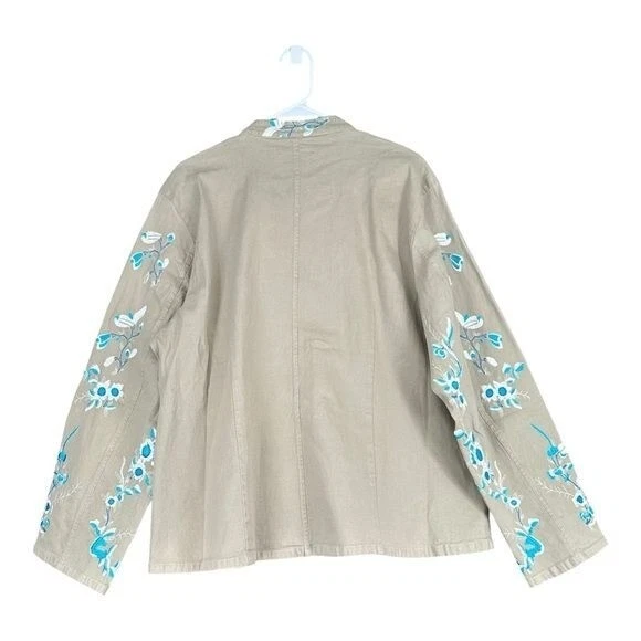 Denim & Co 1X Chaqueta Caqui Floral Bordada Cremallera Cuello Mandarín Boho Gitana Foto 2 de 4