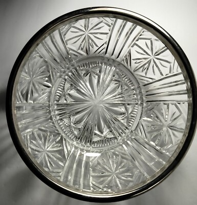 Vintage Cut Glass Bowl ''Starburst''  Small Rust On Silver plated Rim See Desc..