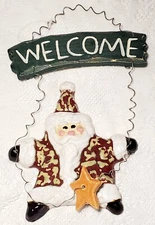 3D Ceramic Wood & Metal Christmas Santa Welcome Door Sign Holiday Hanging Decor