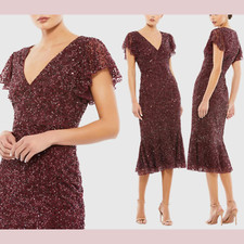 NWT Mac Duggal 24 10801 Sequined V-Neck Flutter Cap Sleeve Dress Garne J1066