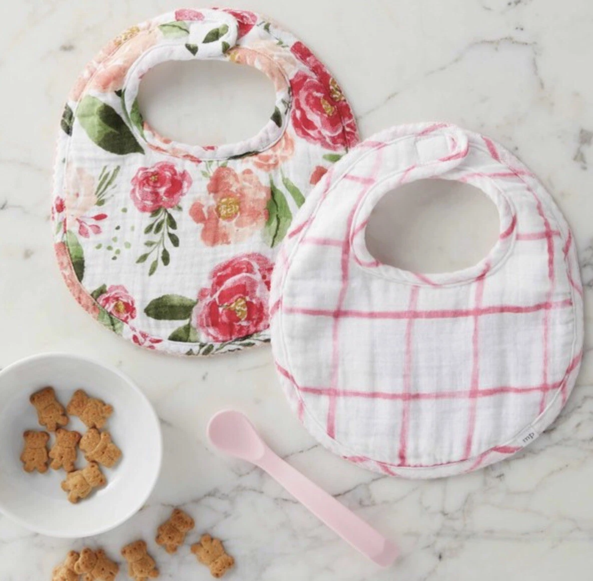 Baby Girls Pink Muslin Peony Floral Bibs With Spoon 3 Piece Gift Set Mud Pie