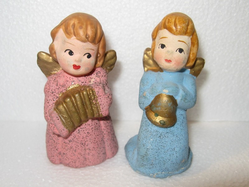 2 Vintage Christmas Angel Ornaments Glitter Chalkware Baby Pair Ceramic Japan