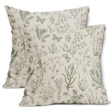 Spring Sage Green Floral Pillow Covers 18x18 Inch Vintage Wild Flower Herbs P...