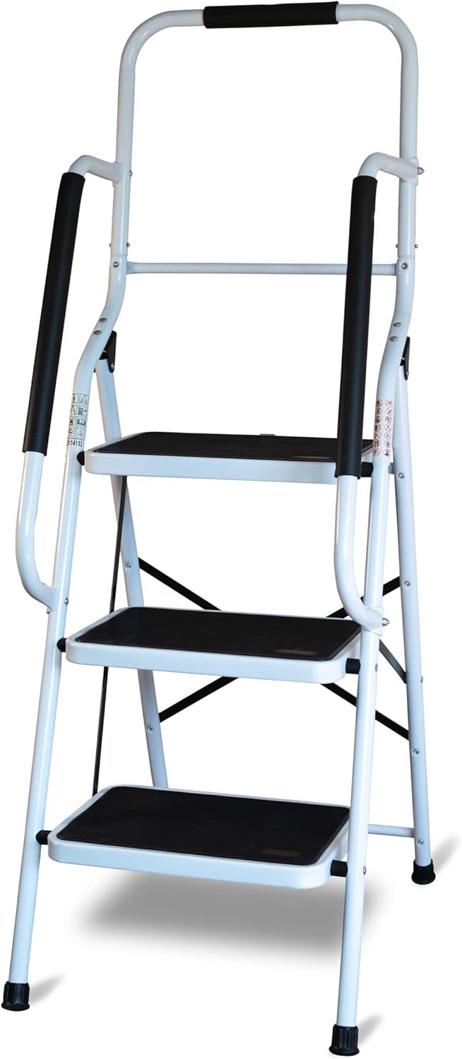 Aidapt Step Stool with Handrail – 3‑Step Ladder with Non‑Slip Wide Pedals