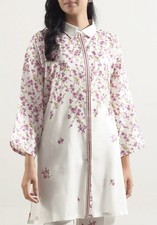 Women's White Floral Print Kurta Kurtas/Kurti with Collar and Long Sleeves